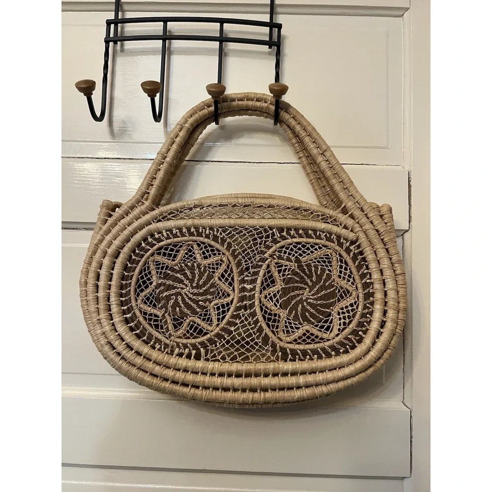 Trendy Beachy Handwoven Straw Basket Tote Purse Boho Woven Bag 10In X 11 In Lg
